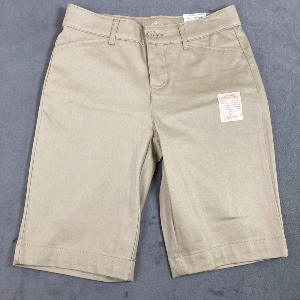 St Johns Bay Bermuda Shorts Womens 4 Tan Khaki Secretly Slender Mid Rise New